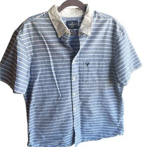 American Eagle Men’s Short‎ Sleeve Button-Up Shirt (Large) – Blue Stripe